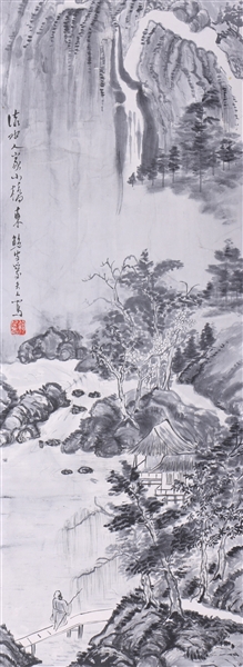 Chinese Ink on Paper Landscape Painting mounted as Scroll