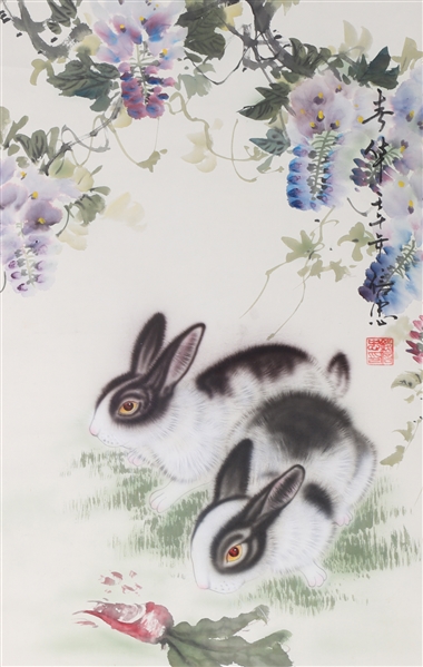 Chinese Ink & Color on Paper Rabbit Painting mounted as Scroll