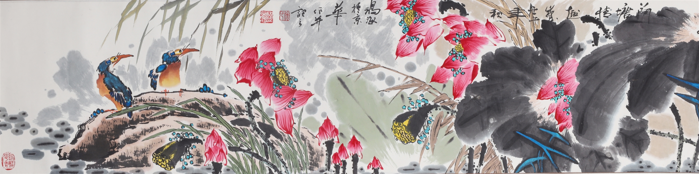 Chinese Ink & Color on Paper Birds Painting mounted as Scroll