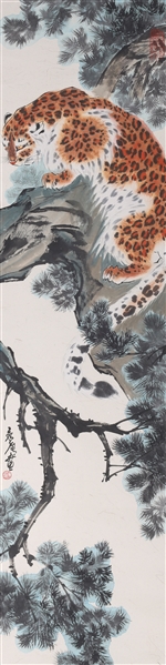 Chinese Ink & Color on Paper Leopard Painting mounted as Scroll
