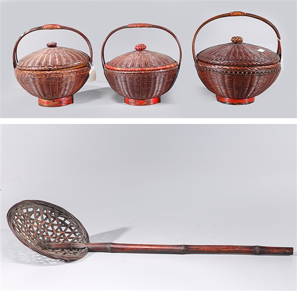 Group of Four Chinese Wicker & Bamboo Objects