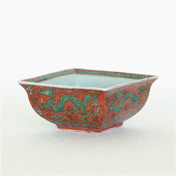 Chinese Red & Green Porcelain Square Bowl