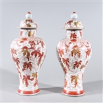 Two Chinese Red & Gilt Porcelain Covered Vases