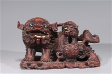 Chinese Carved Wooden Foo Lions Statue