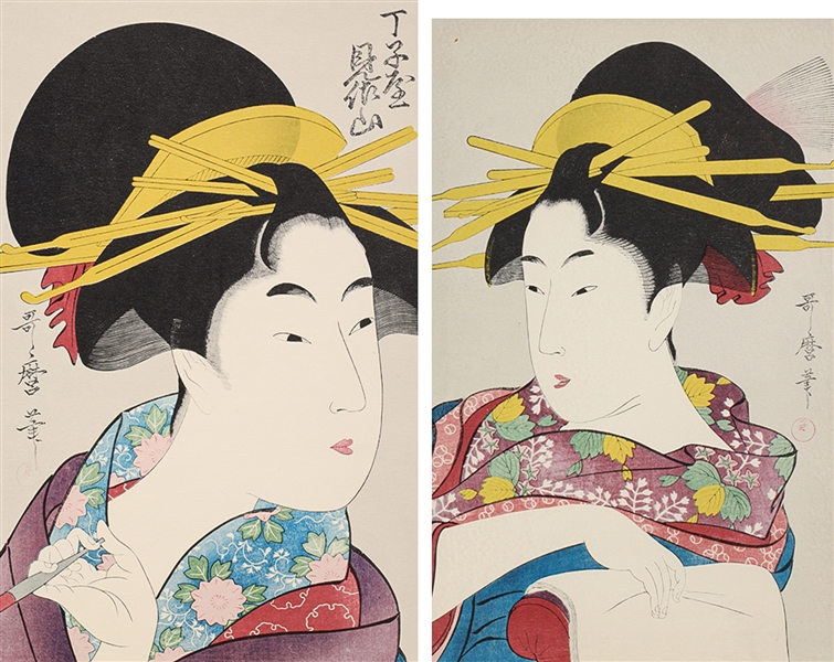 Two Japanese Woodblock Restrike Prints by Utamaro
