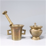 Two Antique Indian Brass Mortars & Pestles