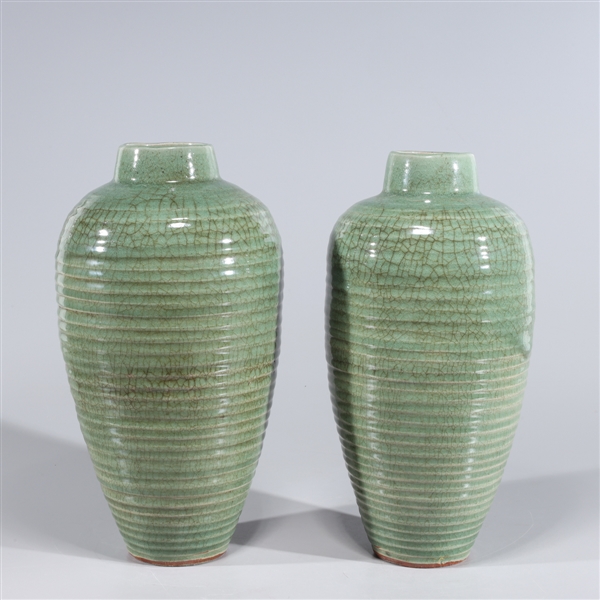 Two Large Chinese Celadon Crackle Glazed Ceramic Vases