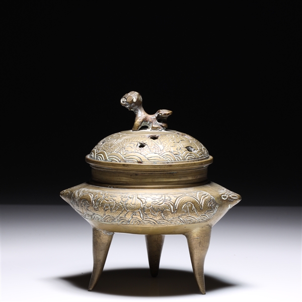 Antique Chinese Gilt Bronze Covered Tripod Censer