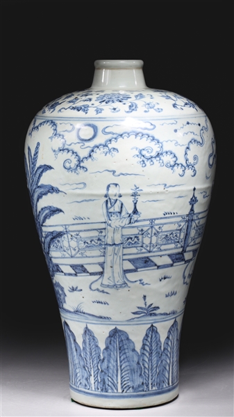 Large Chinese Ming Dynasty Blue & White Windswept Meiping Vase
