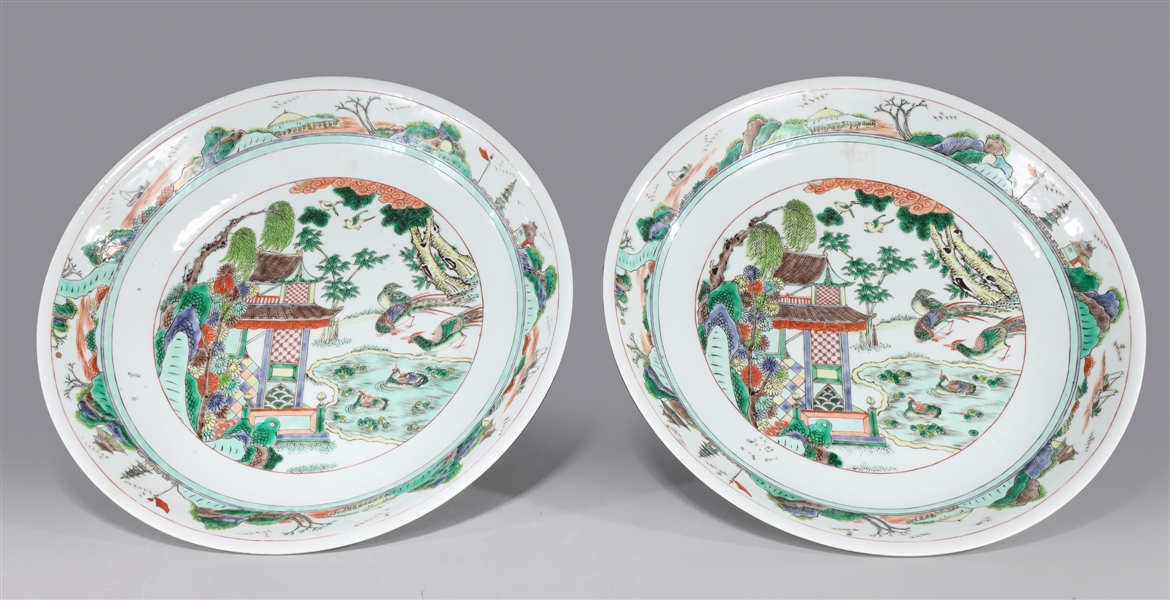 Pair Chinese Famille Verte Enameled Porcelain Chargers