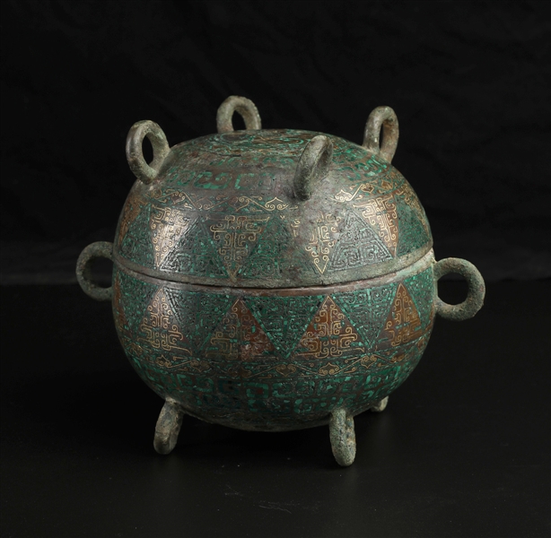 Elaborate Chinese Inlaid Bronze Vessel