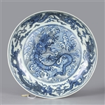 Chinese Ming Xuande Blue & White Dragon Dish