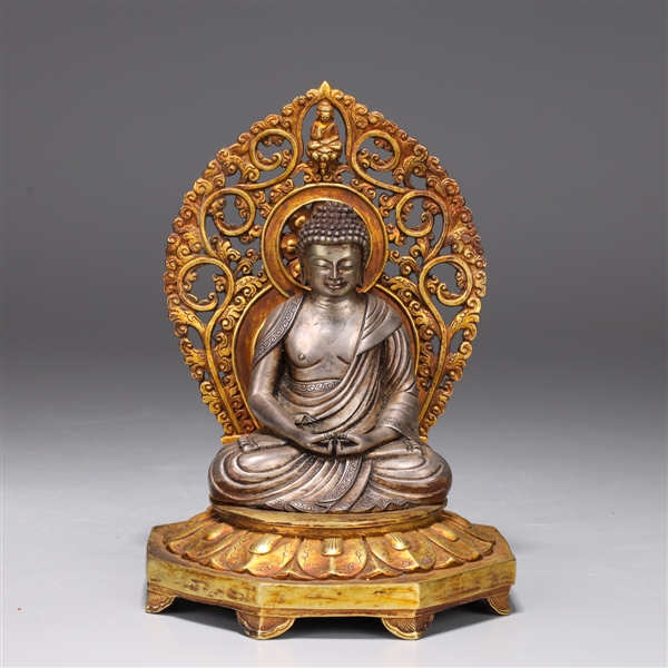 Nepalese Silver Buddha w/ Gilt Bronze Mandorla