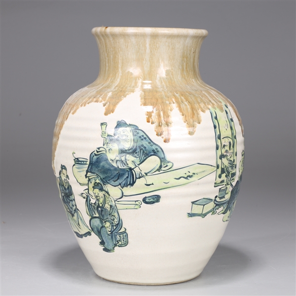 Japanese Glazed Kyoto Ware Pottery Vase