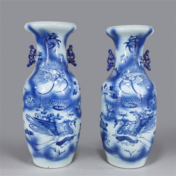 Pair Antique Blue & White Porcelain Vases