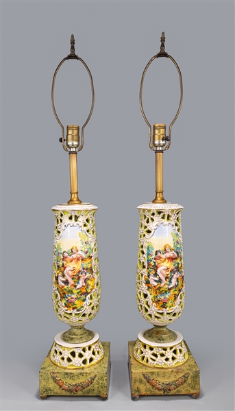 Pair Capodimonte Hand Painted Porcelain Table Lamps