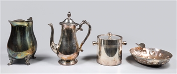 Group of Four Silver Plate Pitcher, Wine Taster, Ice Bucket