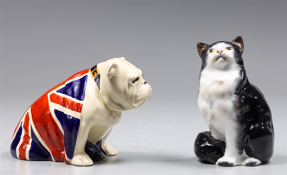 Group of Two Royal Doulton Union Jack Draped Bulldog and Persian Cat