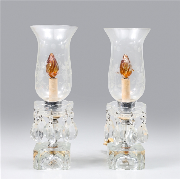 Pair Vintage Pressed Glass Table Lamps with Hurricane Glass
