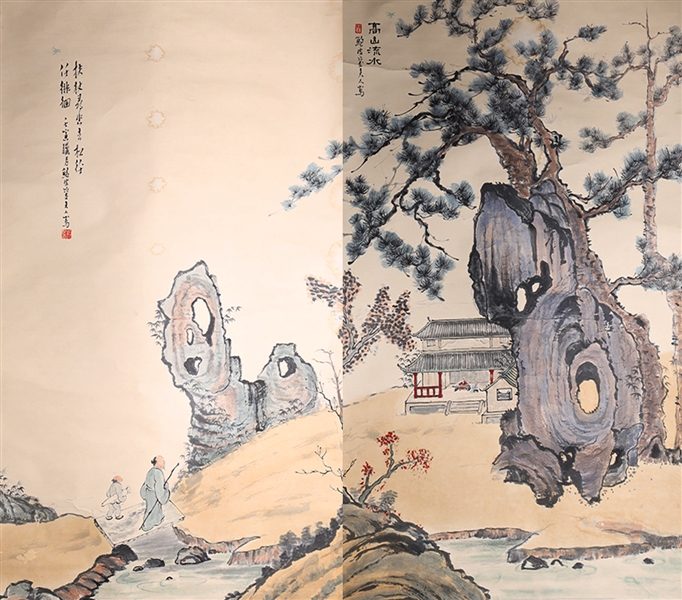 Group of Two Vintage Chinese Scrolls Tea House Scenes