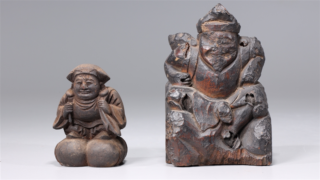 Antique Japanese Carved Wood Ebisu & Daikoku Figures