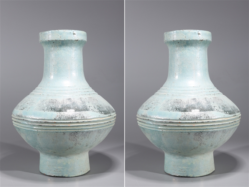 Two Large Chinese Early Style Celadon Glazed Vases