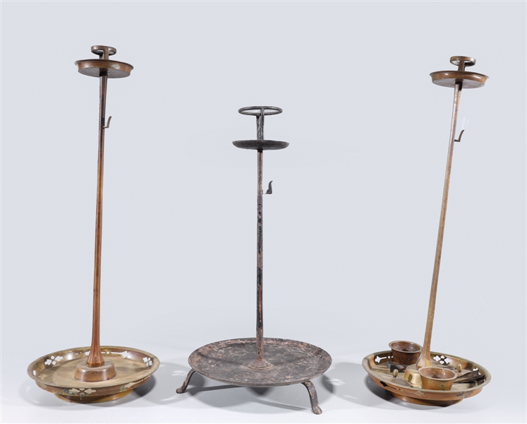 Three Antique Japanese Metal Candlesticks