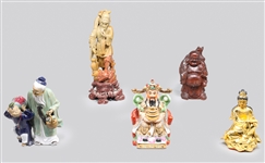 Group of Five Chinese Porcelain and Carved Figures