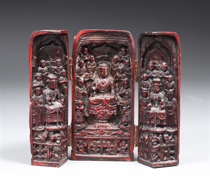 Chinese Carved Portable Triptych Sacred Shrine