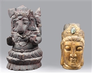 Group of Two Carved Ganesh and Gilt Kwan Yin Bust