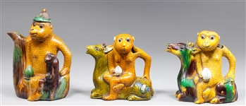 Group of Three Chinese Sancai Glaze Monkey Teapots