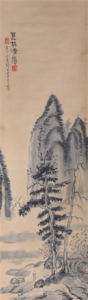Chinese Ink & Color on Paper Landscape Painting mounted as Scroll