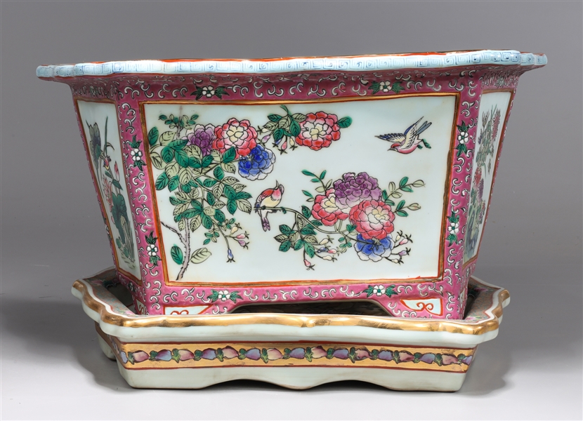 Chinese Famille Rose Enameled Porcelain Planter & Tray