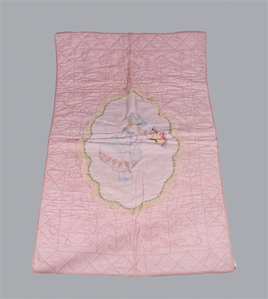 1930s Hand Stitched Pink American Crib Quilt