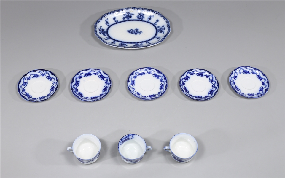 Group of Nine Antique Flow Blue New Warf Pottery Tea Service