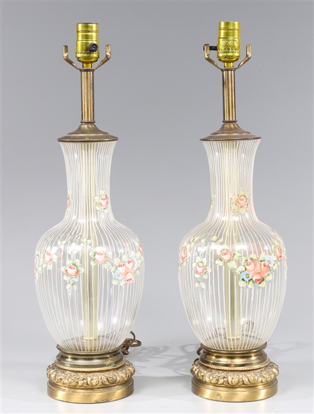 Pair Vintage Regency Hand Painted Glass Table Lamps