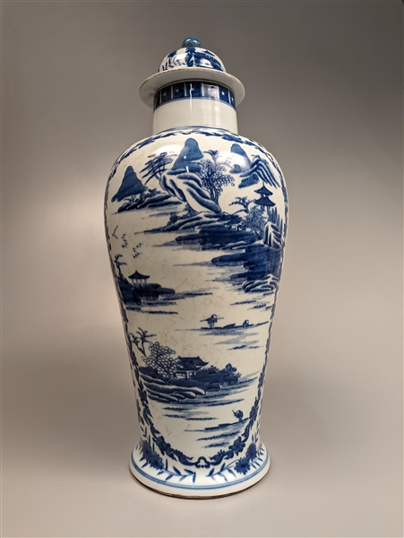 Tall Transitional-Style Blue and White Porcelain Covered Vase
