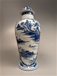 Tall Transitional-Style Blue and White Porcelain Covered Vase