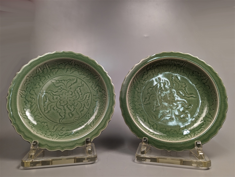 Pair Large Ming-Style Celadon Porcelain Chargers