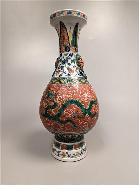 Tall Xuande-Style Wucai Enameled Porcelain Vase