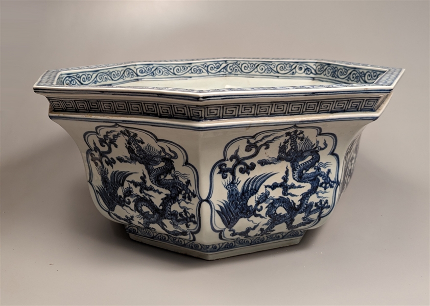 Massive Ming-Style Blue and White Porcelain Bowl: Dragon and Phoenix