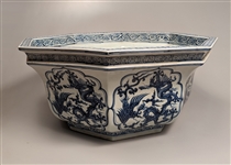 Massive Ming-Style Blue and White Porcelain Bowl: Dragon and Phoenix