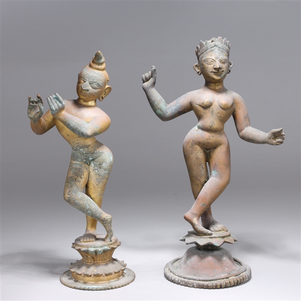 Two Antique Indian Brass Figures of Radha & Krishna