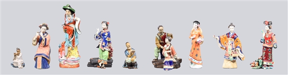 Group of Nine Vintage Chinese Figures, Mudmen, Famille Rose