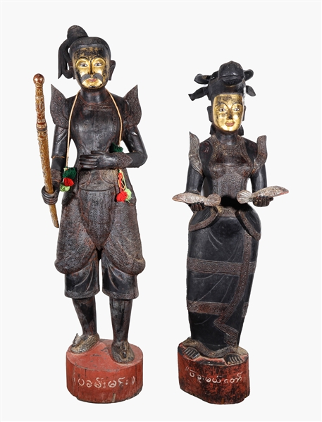 Large & Elaborate Thai Life-size Male and Female Carved Wood Figures