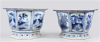 Pair Chinese Flow Blue Faceted Planters