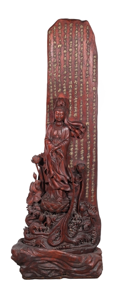 Large Carved Chinese Guanyin and Inscribed Tablet