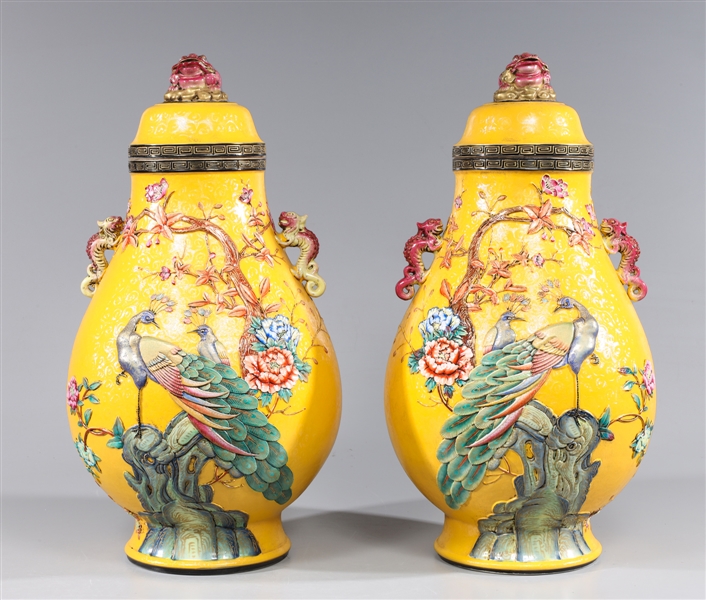 Pair of Large and Elaborate Chinese Enameled Porcelain Phoenix Vases