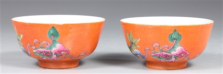 Pair Chinese Orange Ground Enameled Porcelain Bowls