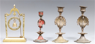 Group of Four Indian Brass Candlesticks and Bell